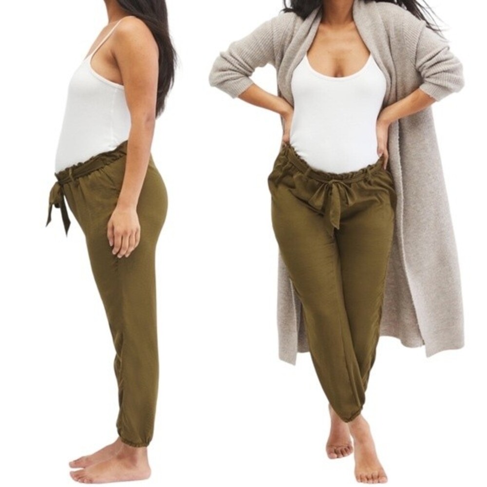 NWT Motherhood Maternity Underbelly Olive Satin Jogger Pants Women’s Size Large